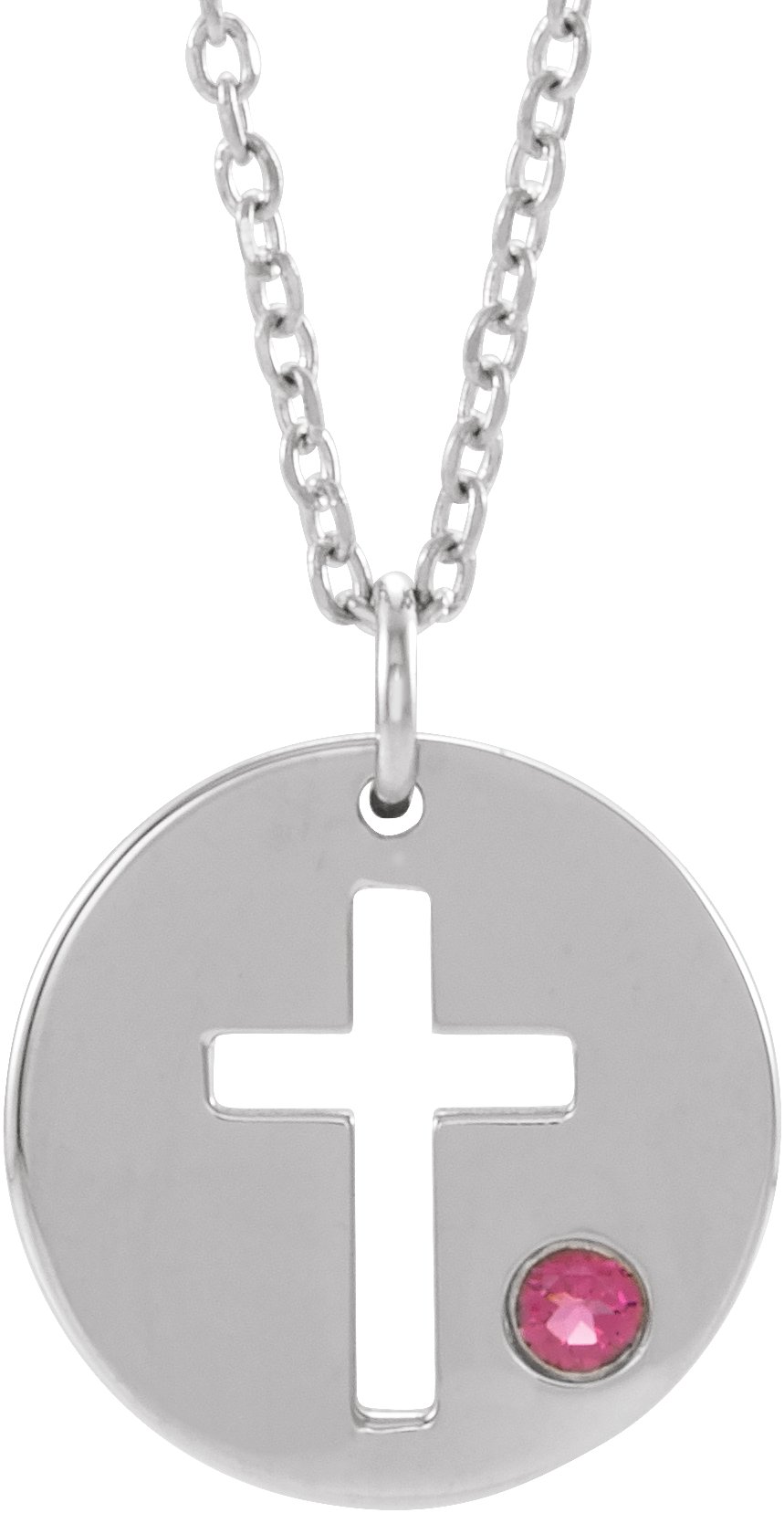 14K White Natural Tourmaline Pierced Cross Disc 16-18 Necklace