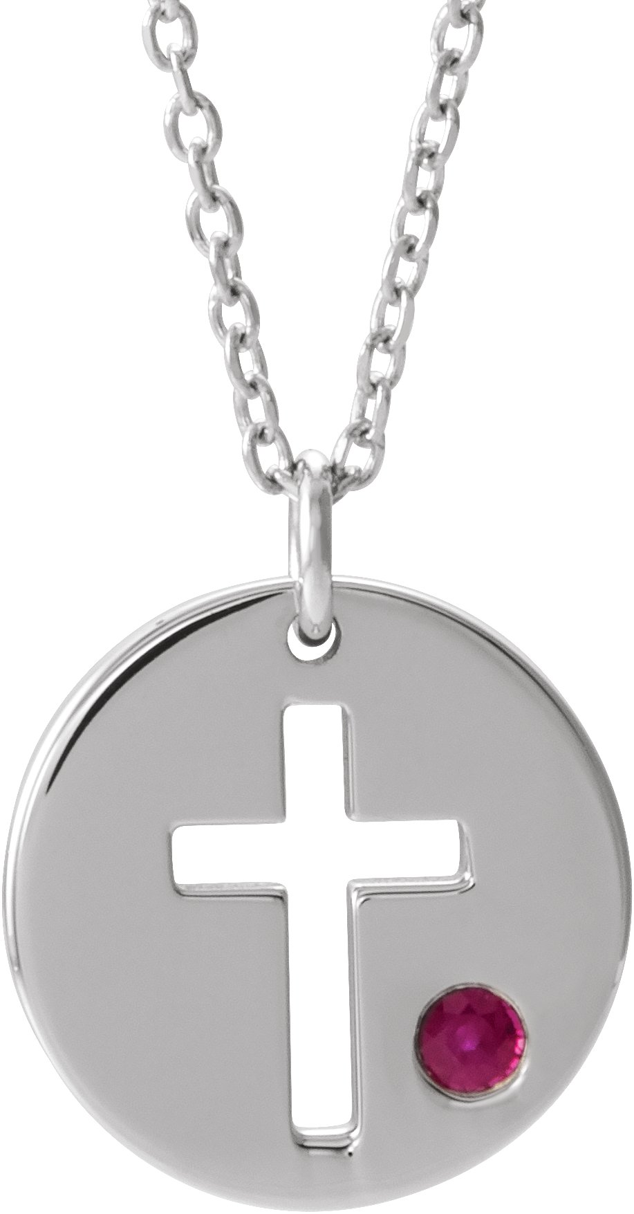 Sterling Silver Imitation Ruby Pierced Cross Disc 16-18 Necklace 