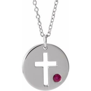 Sterling Silver Imitation Ruby Pierced Cross Disc 16-18" Necklace 