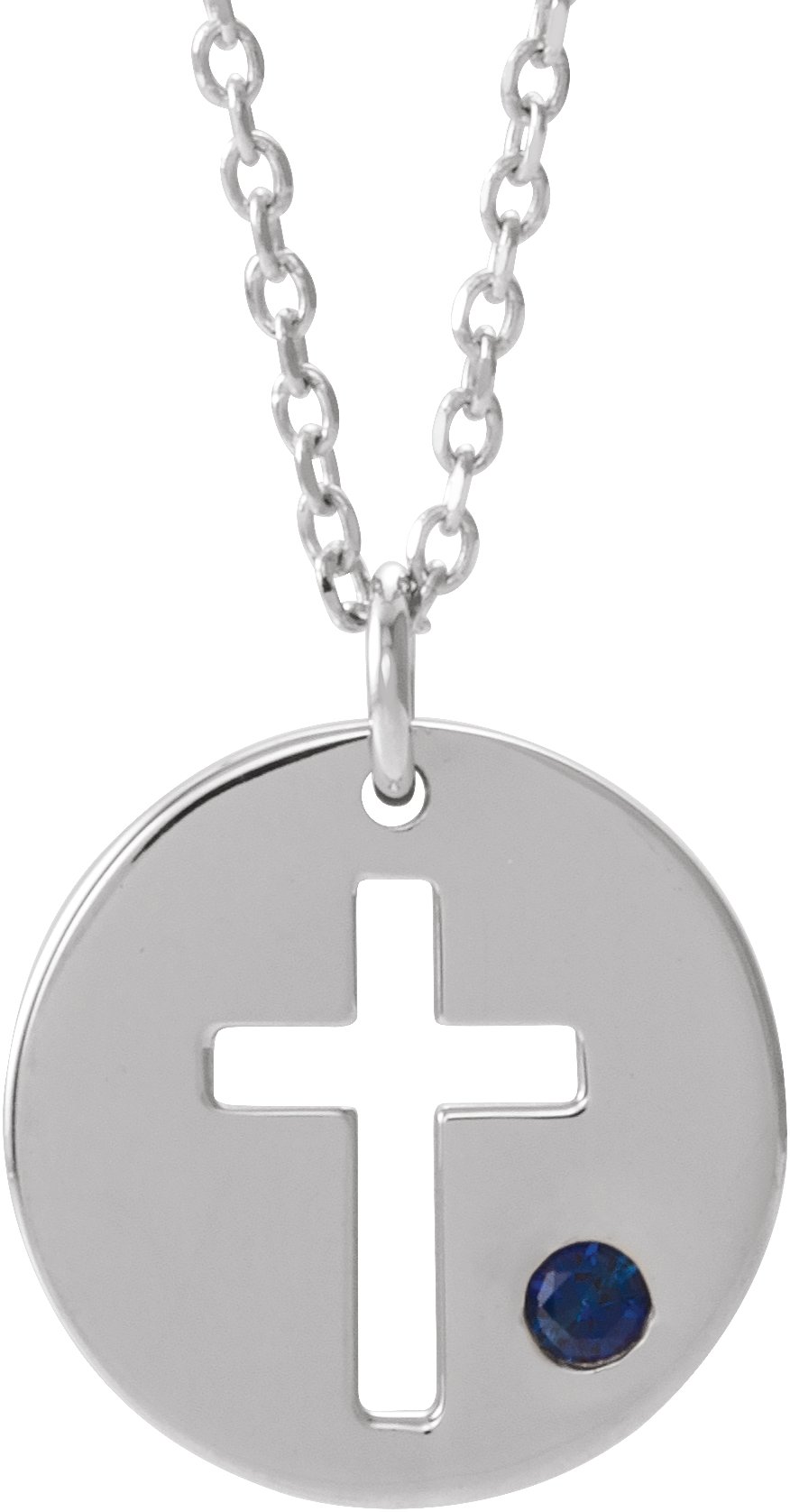 Sterling Silver Imitation Sapphire Pierced Cross Disc 16-18" Necklace 