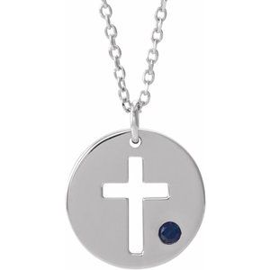 14K White Sapphire Pierced Cross Disc 16-18" Necklace 