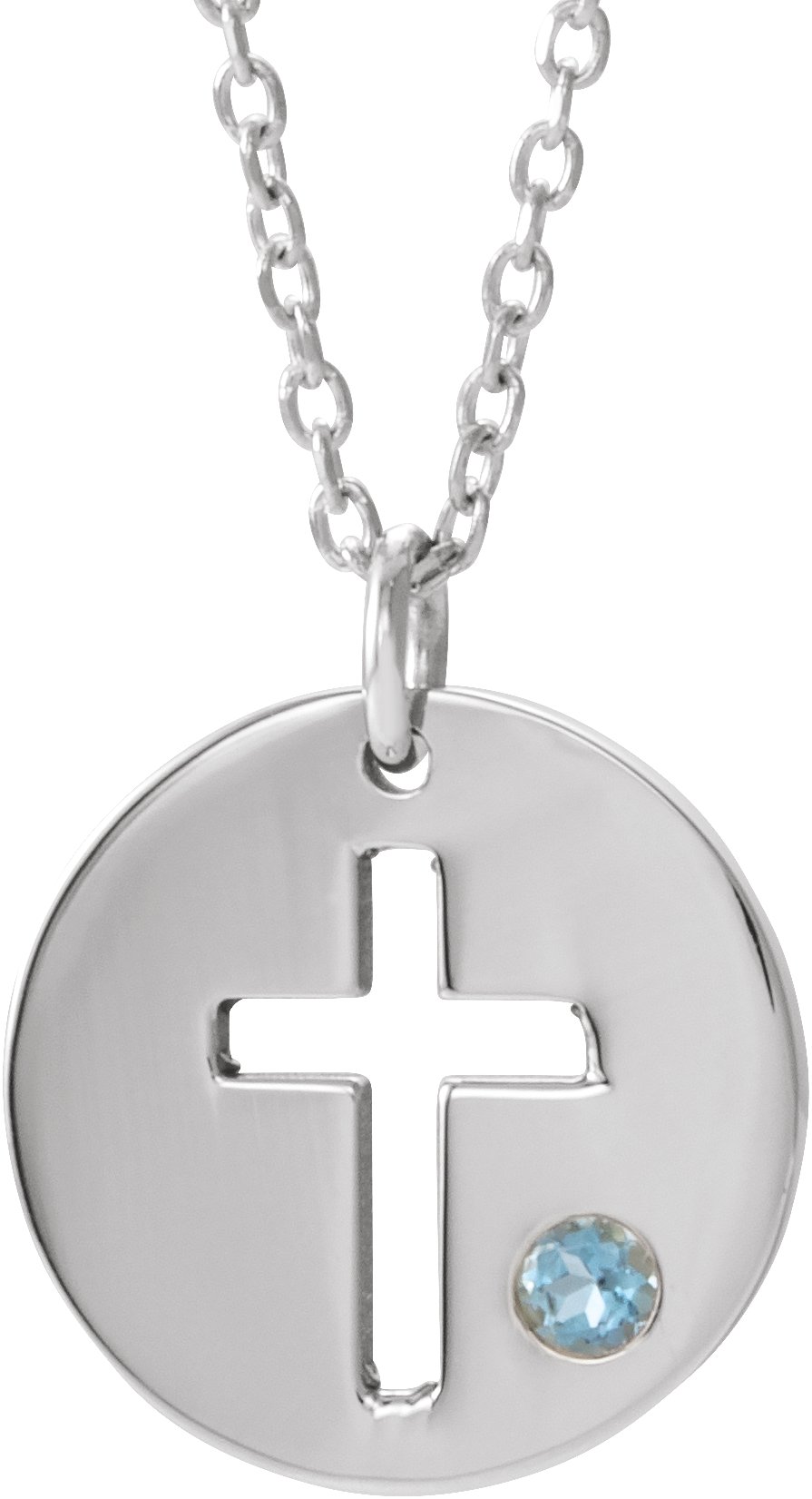14K White Aquamarine Pierced Cross Disc 16-18" Necklace 