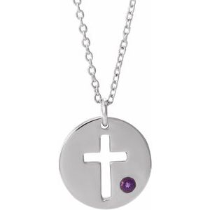 14K White Natural Amethyst Pierced Cross Disc 16-18" Necklace