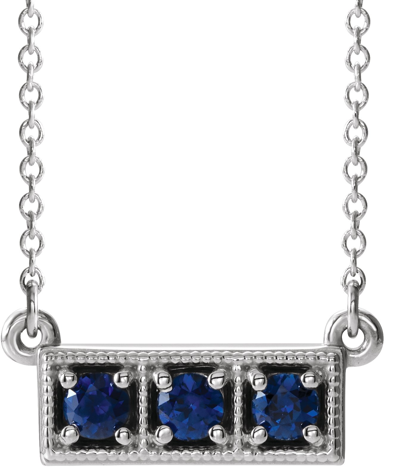 14K White Lab-Grown Blue Sapphire Three-Stone Granulated Bar 16-18 Necklace 