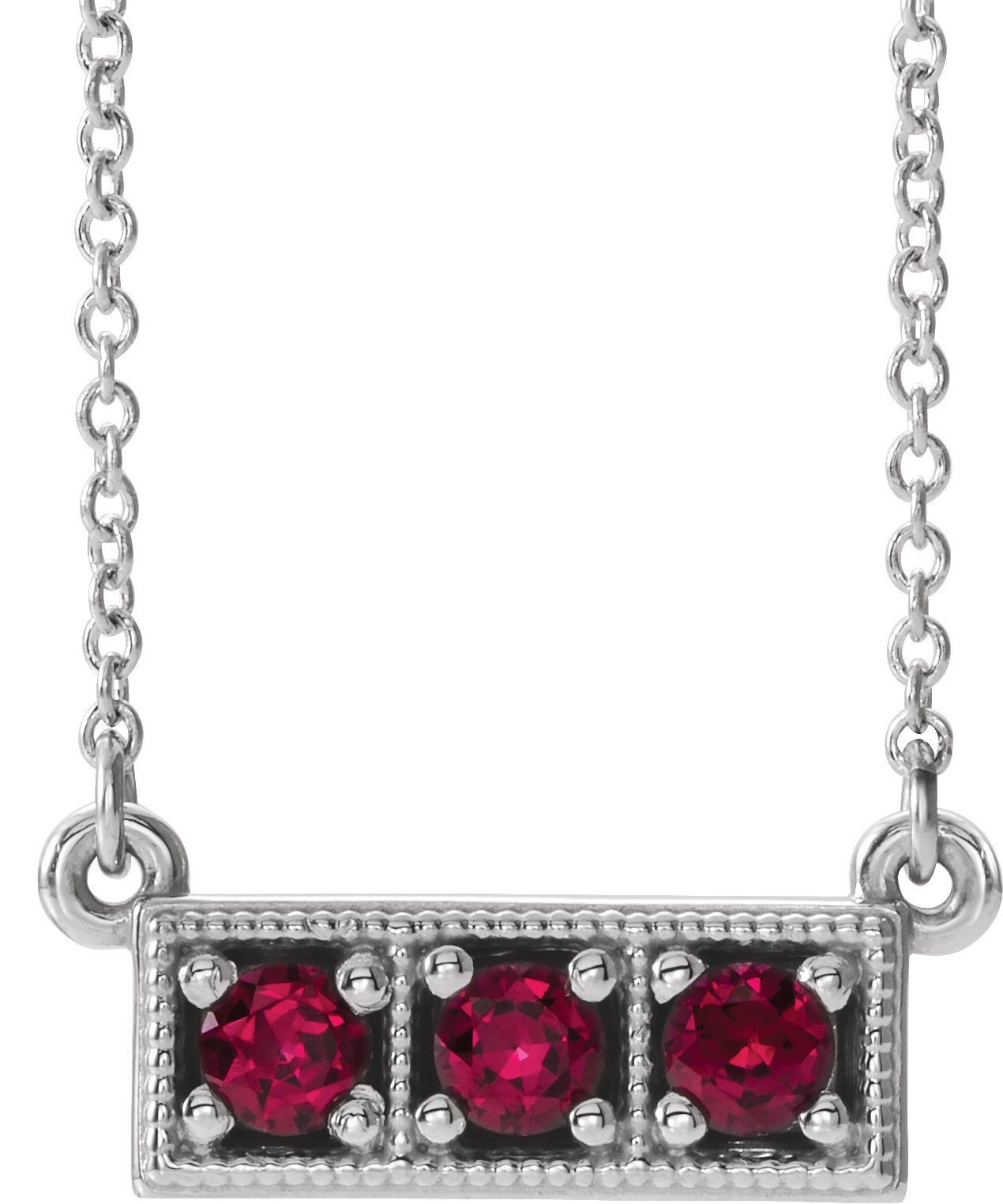 14K White Lab-Grown Ruby Three-Stone Bar 16-18" Necklace