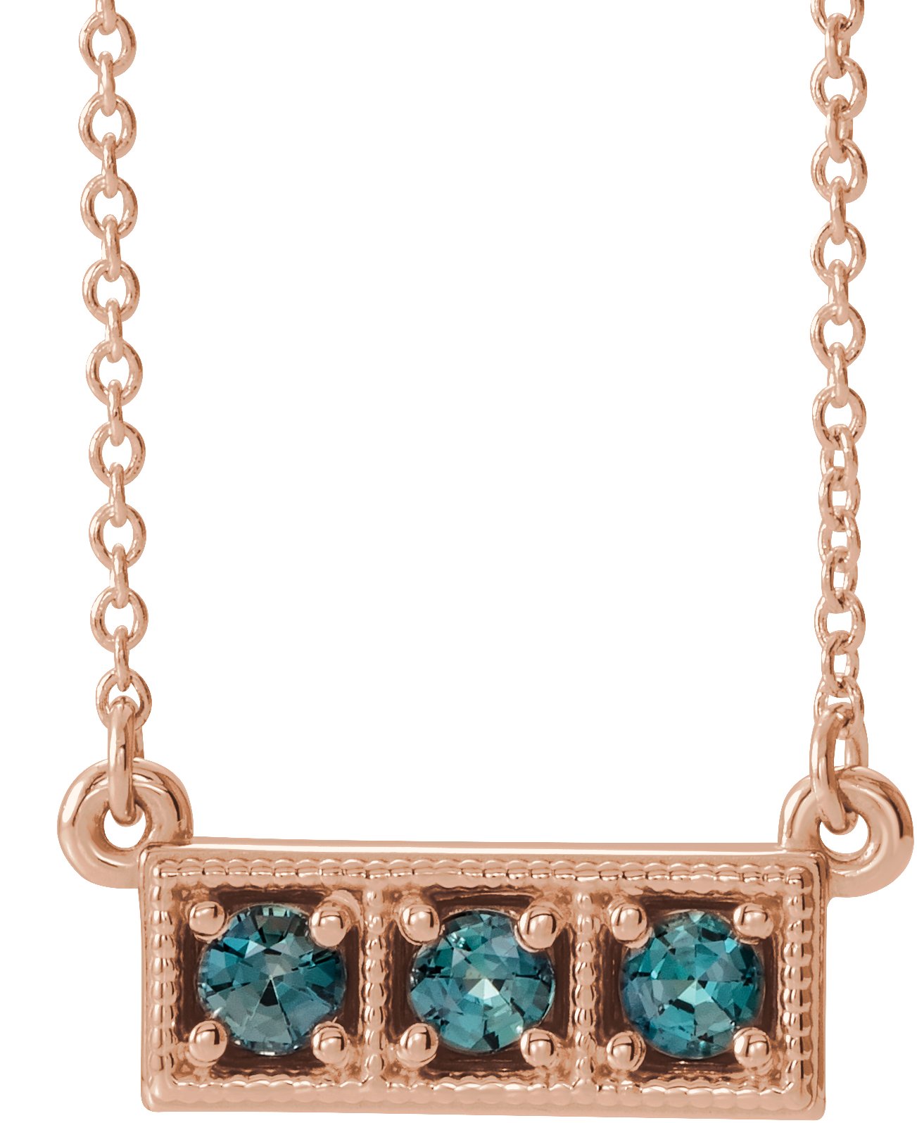 14K Rose Blue Zircon Three-Stone Granulated Bar 16-18" Necklace       