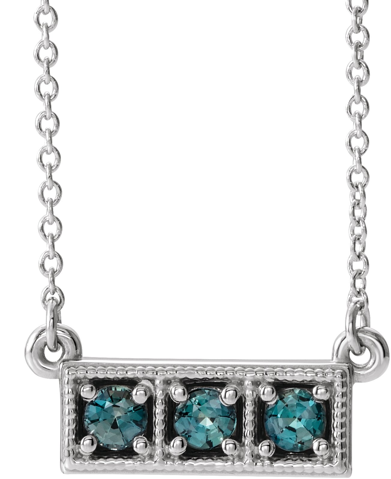 14K White Chatham® Created Alexandrite Three-Stone Granulated Bar 16-18" Necklace  