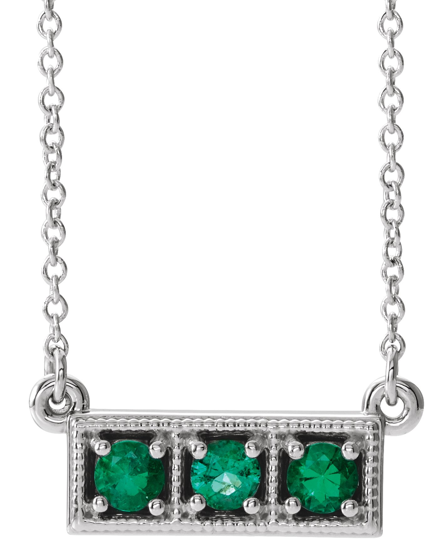 14K White Emerald Three-Stone Granulated Bar 16-18" Necklace     