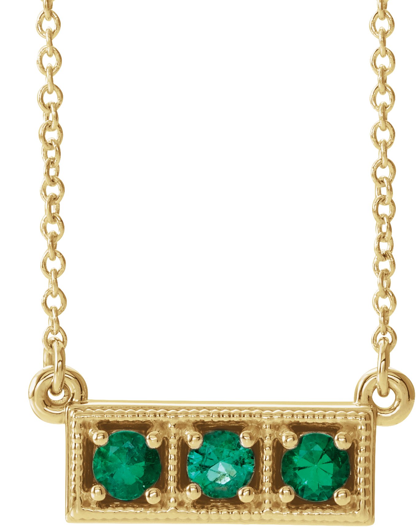 14K Yellow Emerald Three Stone Granulated Bar 16 18 inch Necklace Ref. 14204226