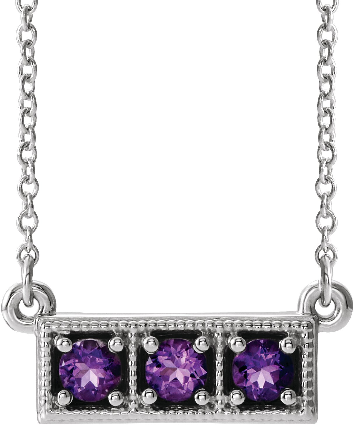 14K White Amethyst Three-Stone Granulated Bar 16-18" Necklace     