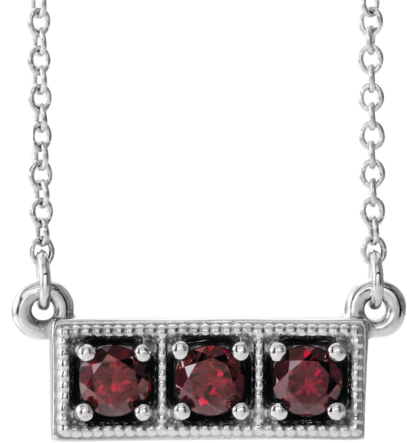 14K White Mozambique Garnet Three-Stone Granulated Bar 16-18" Necklace    