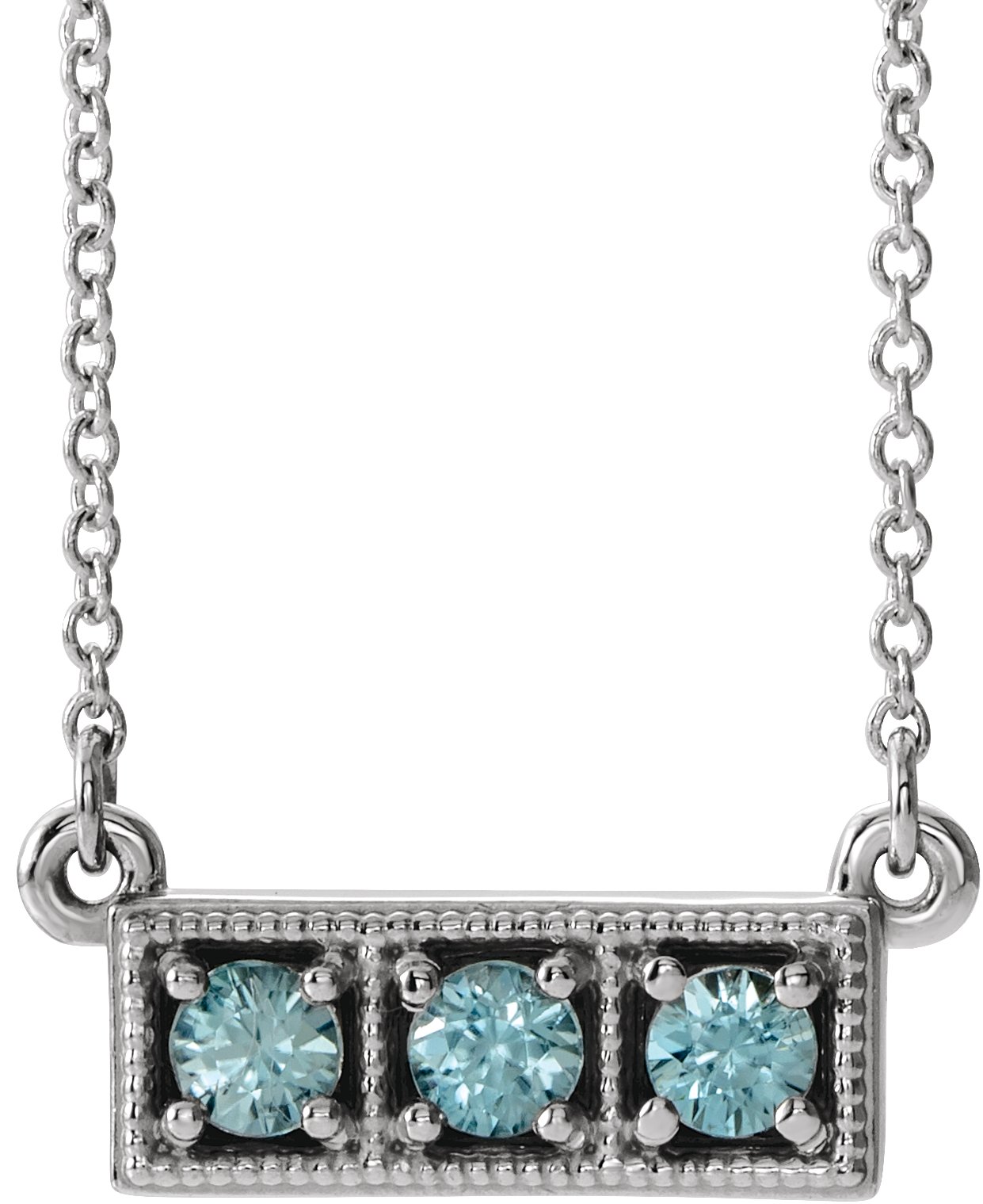 14K White Blue Zircon Three-Stone Granulated Bar 16-18" Necklace       
