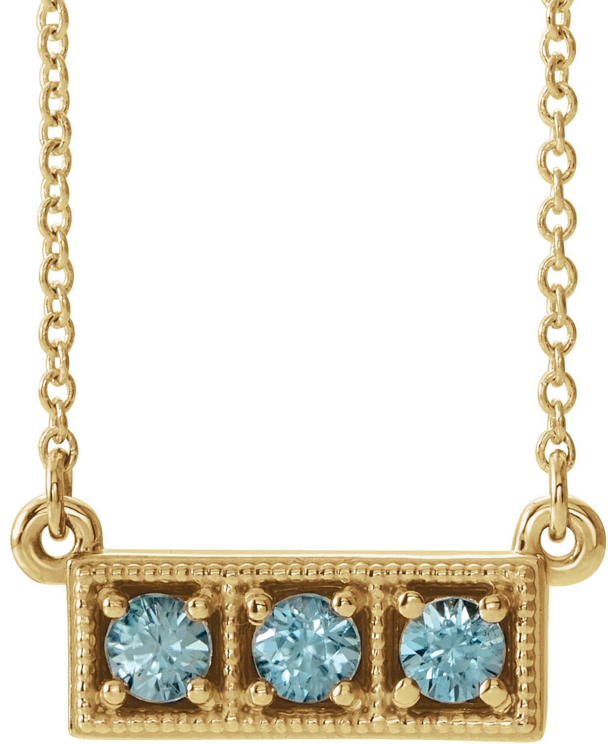 14K Yellow Natural Blue Zircon Three-Stone Bar 16-18" Necklace
