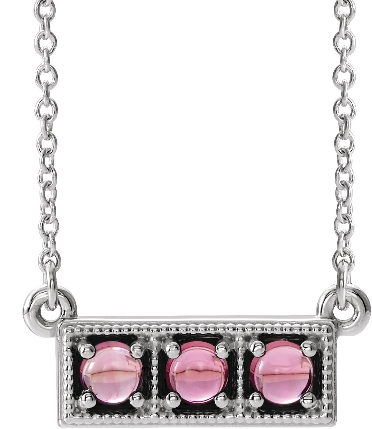 14K White Pink Tourmaline Three-Stone Granulated Bar 16-18" Necklace       