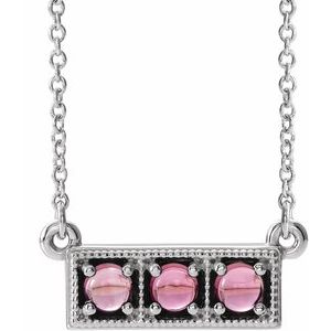 14K White Pink Tourmaline Three-Stone Granulated Bar 16-18" Necklace       
