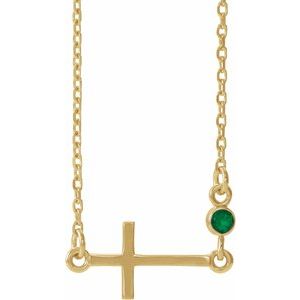 14K Yellow Natural Emerald Sideways Cross 16-18" Necklace