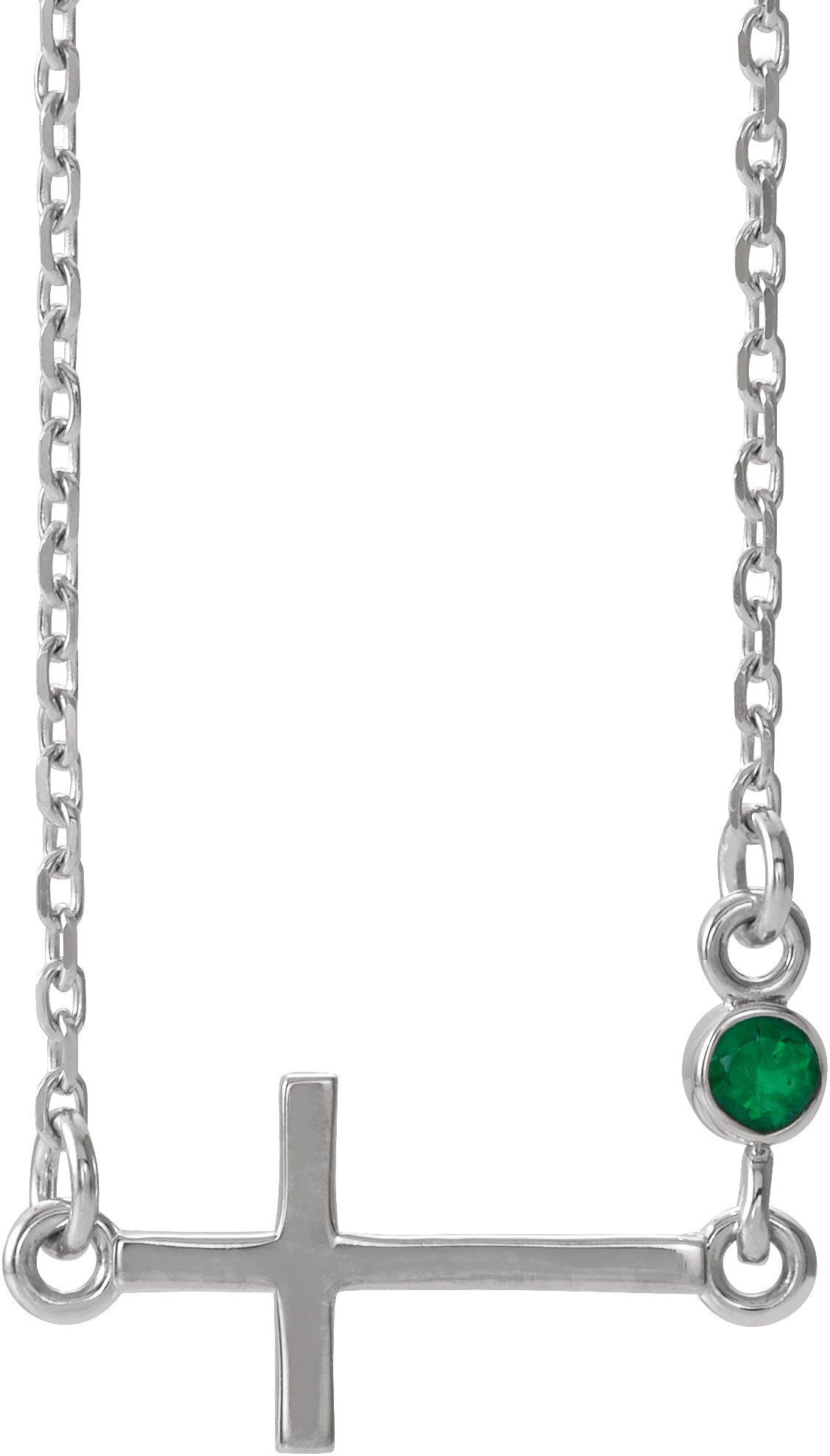 14K White Natural Emerald Sideways Cross 16-18" Necklace