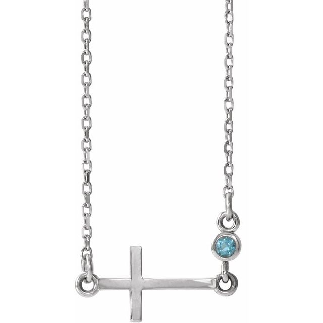 14K White Aquamarine Sideways Cross 16-18" Necklace