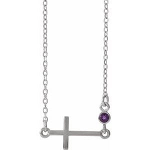 Sterling Silver Natural Amethyst Sideways Cross 16-18" Necklace