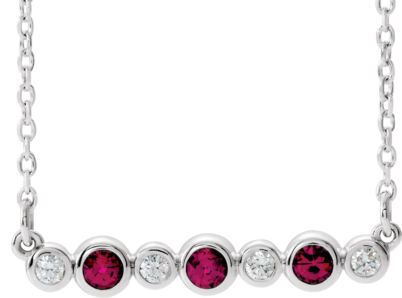 14K White Chatham® Created Ruby & .08 CTW Diamond Bezel-Set Bar 16-18" Necklace 