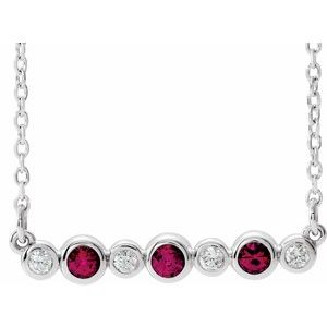 14K White Chatham® Created Ruby & .08 CTW Diamond Bezel-Set Bar 16-18" Necklace 
