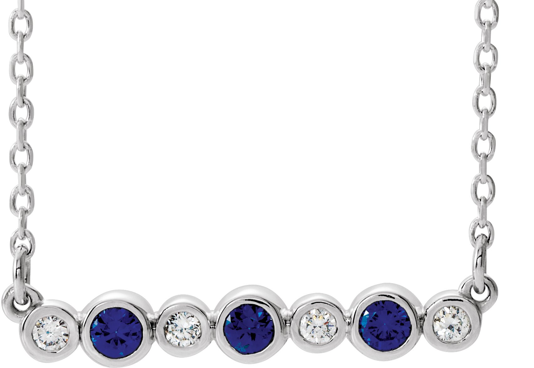 14K White Chatham® Created Blue Sapphire & .08 CTW Diamond Bezel-Set Bar 16-18" Necklace  