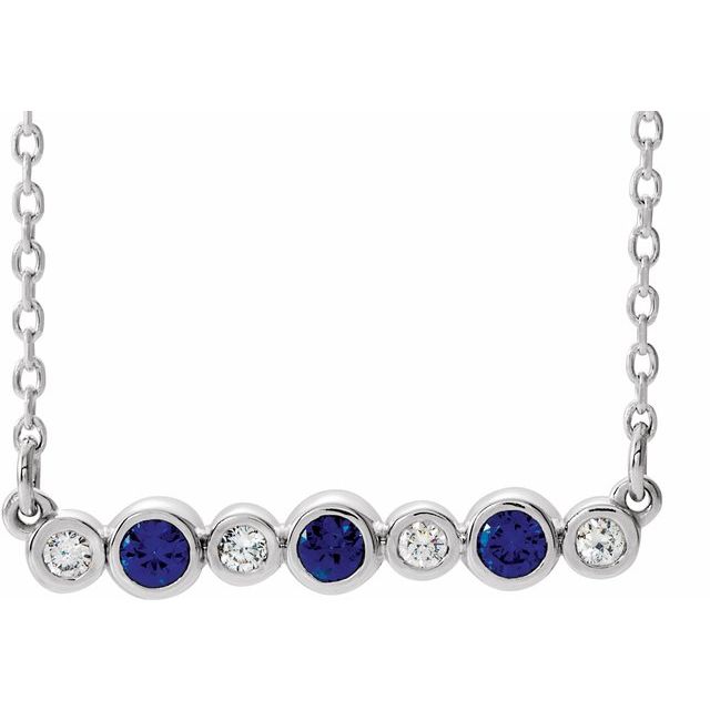 14K White Blue Sapphire & .08 CTW Diamond Bezel-Set Bar 16-18" Necklace       