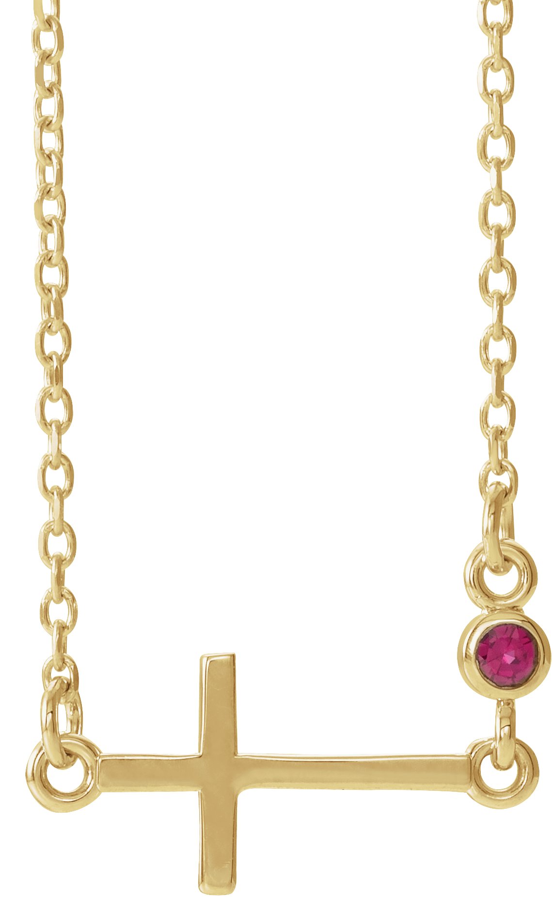 14K Yellow Chatham® Created Ruby Sideways Accented Cross 16-18" Necklace 
