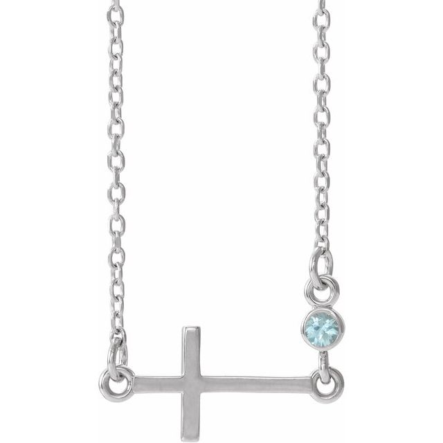 Sterling Silver Natural Blue Zircon Sideways Cross 16-18" Necklace