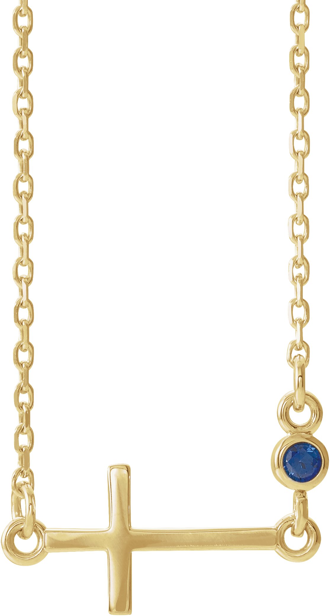 14K Yellow Lab-Grown Blue Sapphire Sideways Cross 16-18" Necklace 