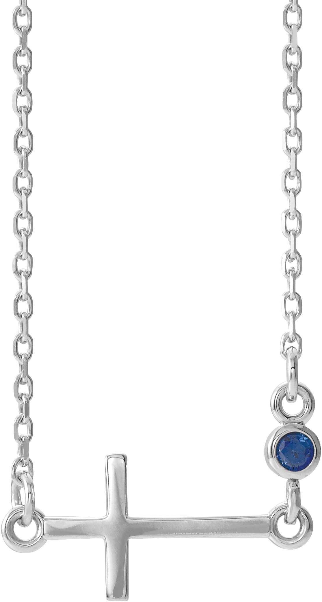 14K White Natural Blue Sapphire Sideways Cross 16-18" Necklace