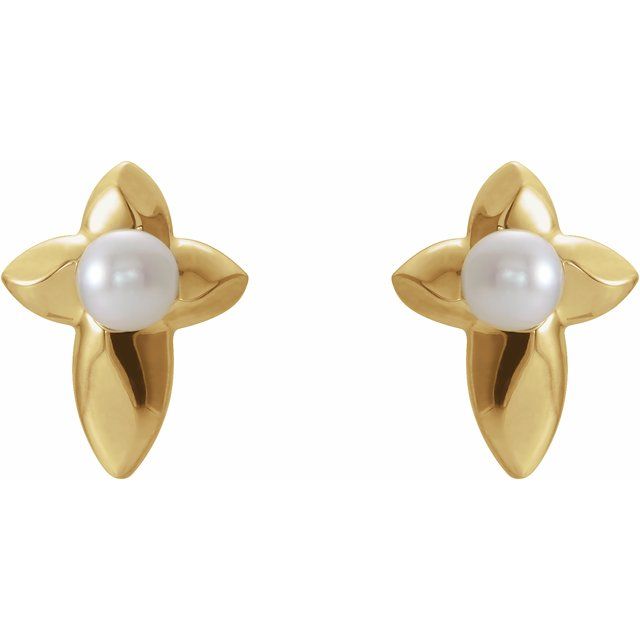 14K Yellow Cultured White Freshwater Pearl Cross Earrings