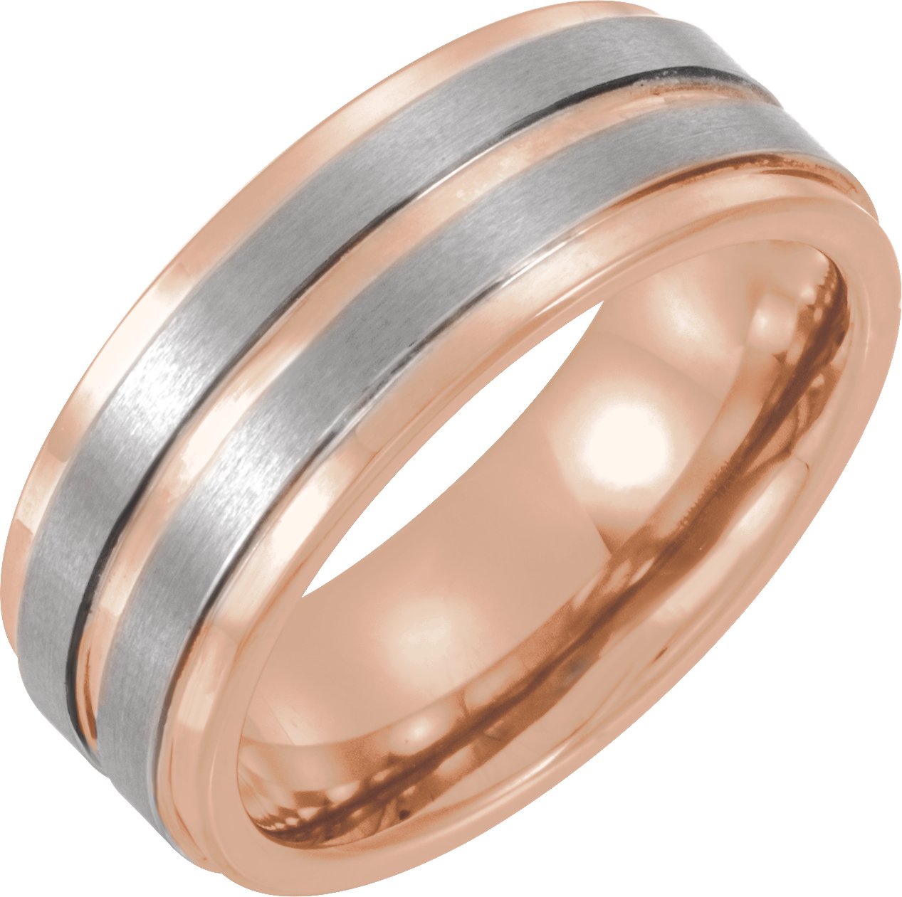 18K Rose Gold PVD Tungsten 8 mm Grooved Band Size 9