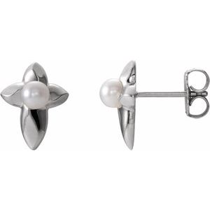 14K White Freshwater Cultured Pearl Cross Earrings   