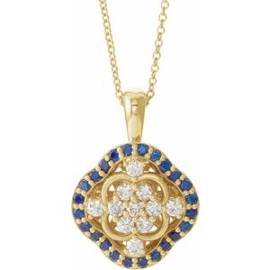 14K Yellow Natural Blue Sapphire & 1/3 CTW Natural Diamond Cluster 16-18" Necklace