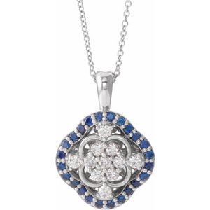 14K White Natural Blue Sapphire & 1/3 CTW Diamond Cluster 16-18" Necklace