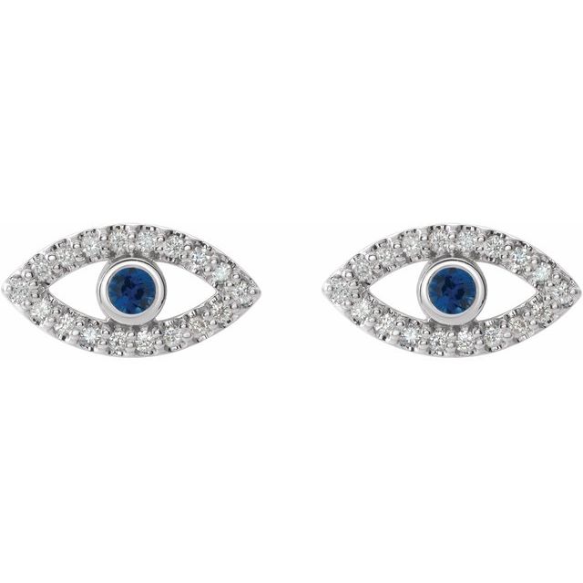 14K White Natural Blue Sapphire & 1/8 CTW Natural Diamond Evil Eye Earrings