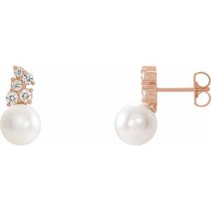 14K Rose Cultured White Freshwater Pearl & 3/8 CTW Natural Diamond Earrings