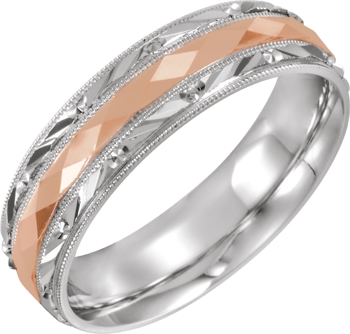 14K White/Rose 6 mm Design-Engraved Band with Milgrain Size 10