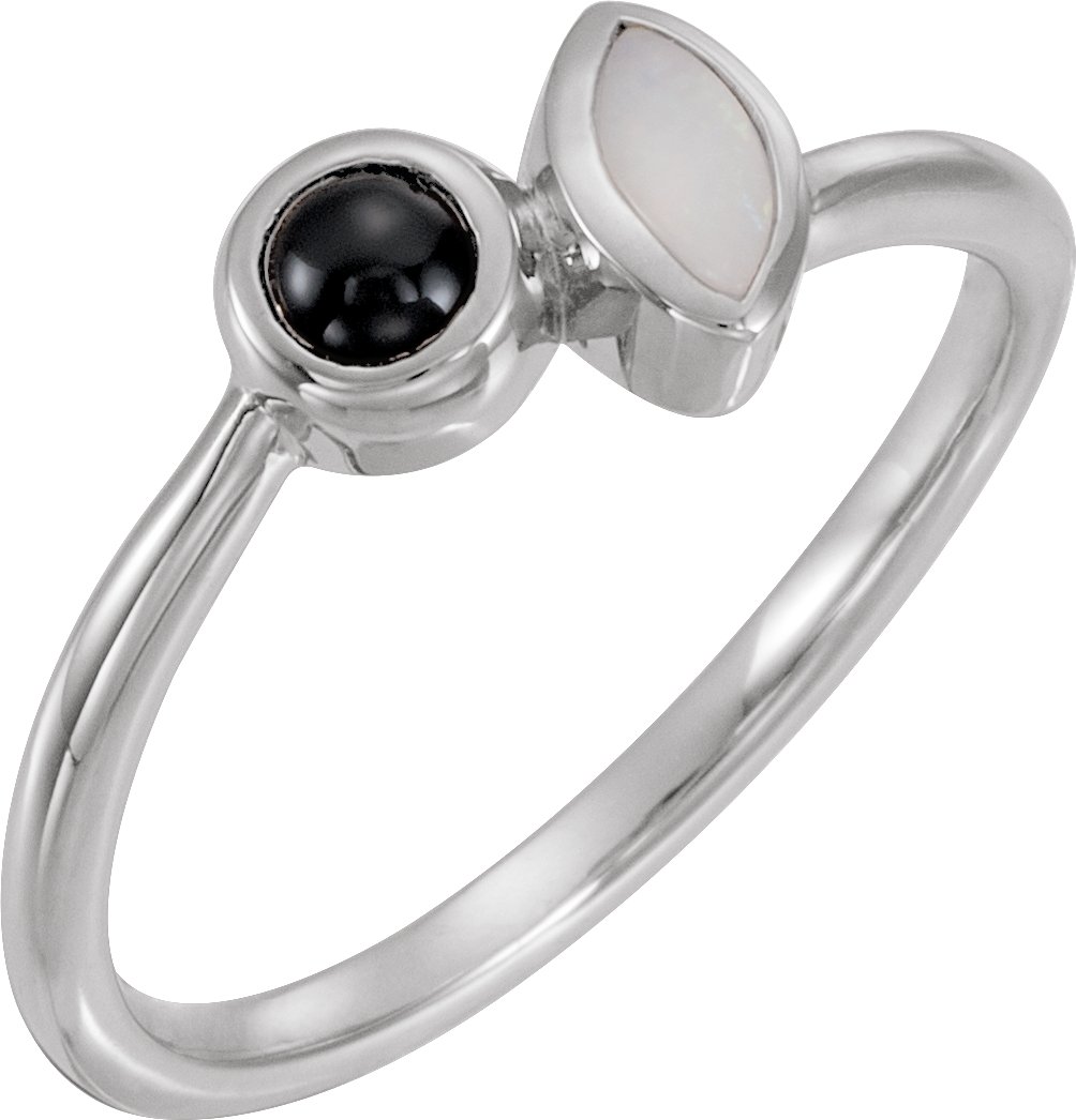 14K White Natural White Opal & Natural Black Onyx Ring