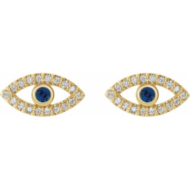 14K Yellow Natural Blue Sapphire & Natural White Sapphire Semi-Set Evil Eye Earrings