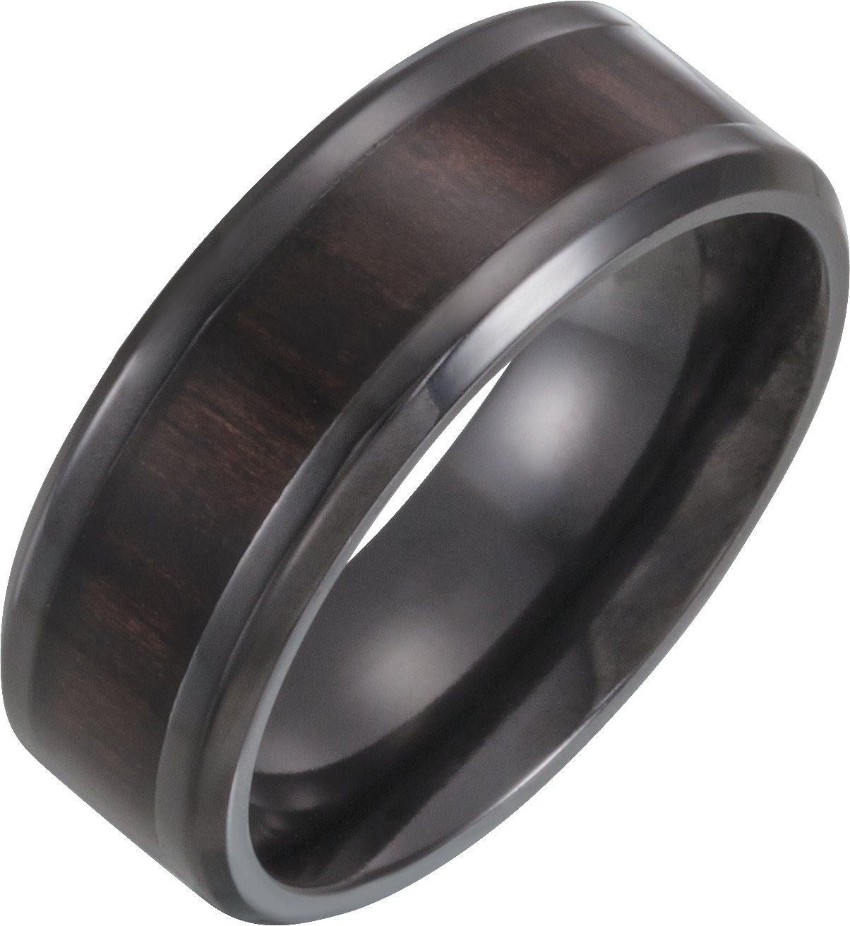 Black Titanium 8 mm Beveled-Edge Band with Wood Inlay Size 11.5 