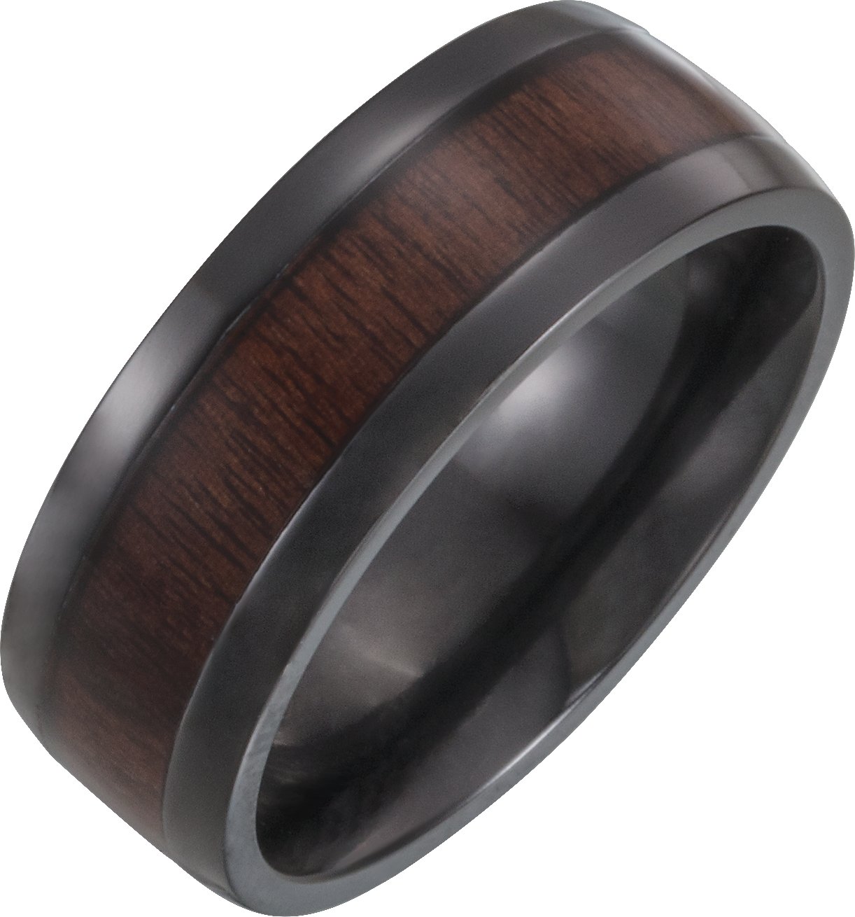 Black Titanium 8 mm Beveled-Edge Band with Wood Inlay Size 11.5