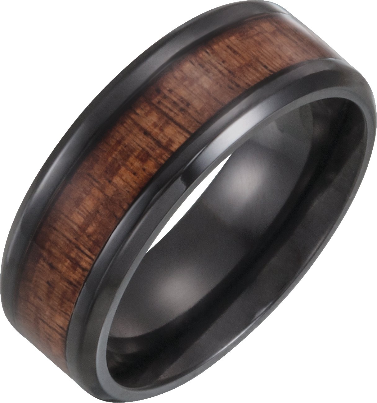 Black Titanium 8 mm Beveled-Edge Comfort-Fit Band with Hawaiian Koa Wood Inlay Size 9.5