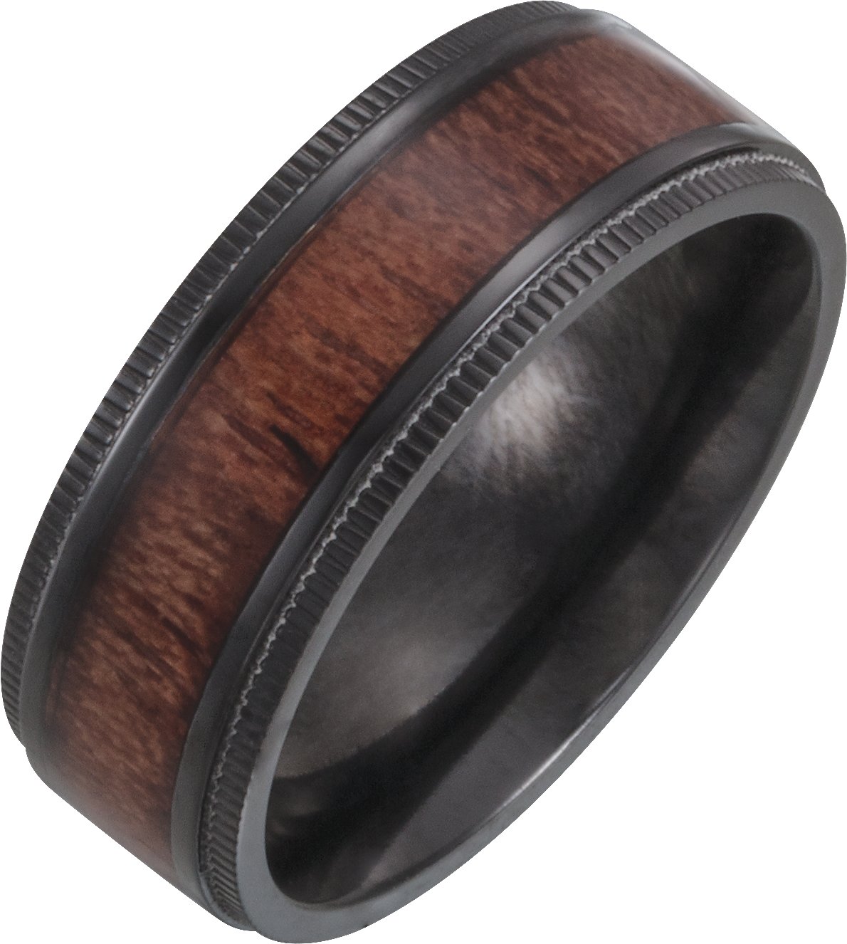 Black Titanium 8 mm Beveled-Edge Band with Wood Inlay Size 10