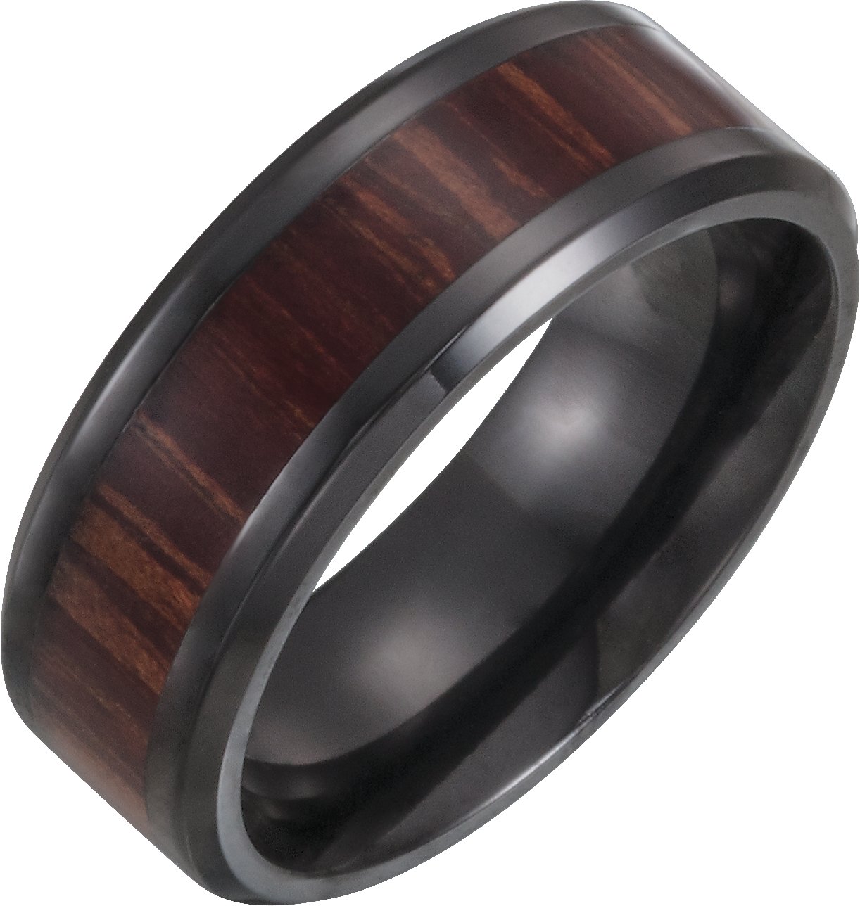 Black Titanium 8 mm Beveled-Edge Band with Wood Inlay Size 7.5