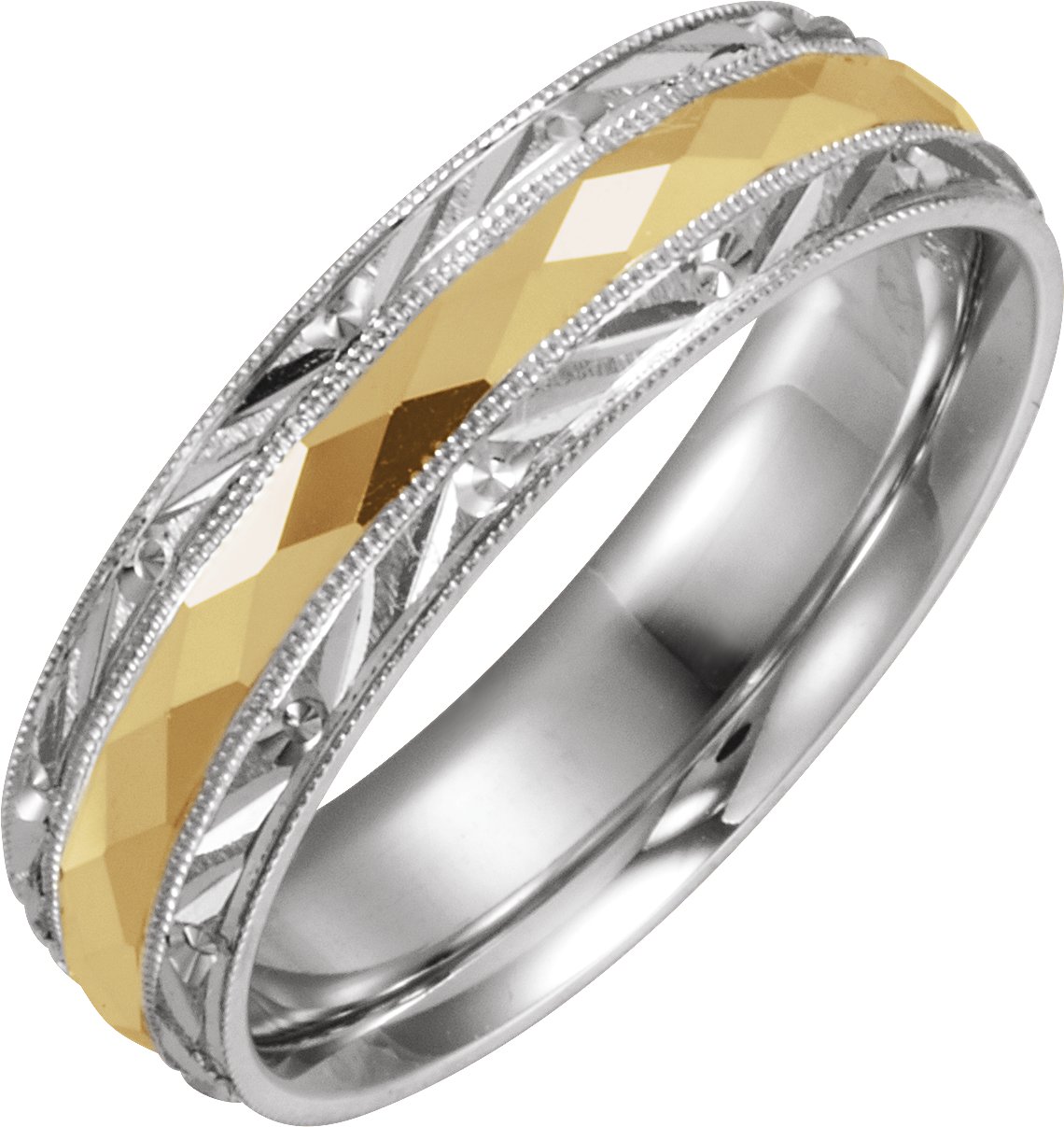 14K White/Yellow 6 mm Design-Engraved Band with Milgrain Size 9.5