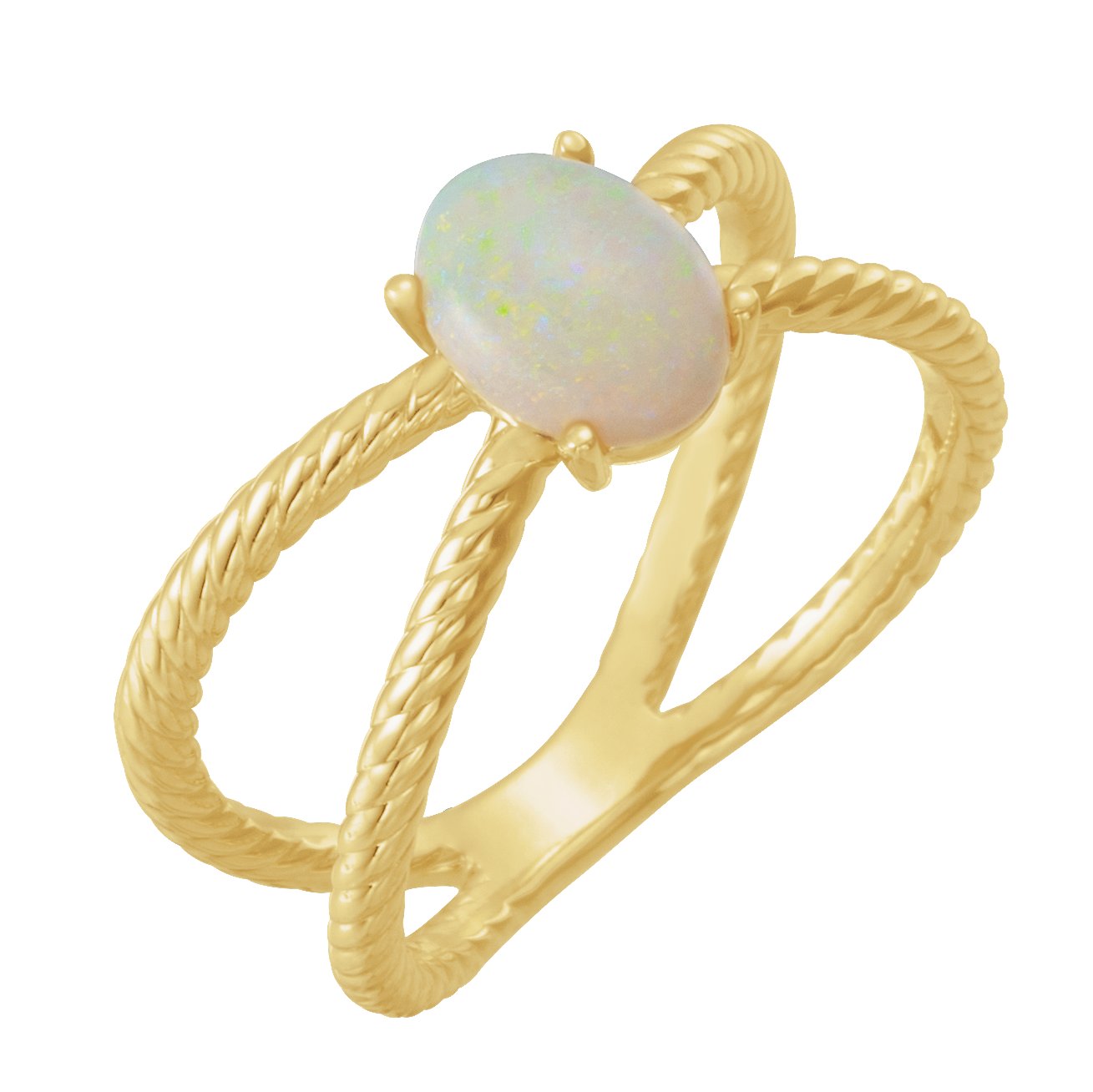 14K Yellow 8x6 mm Opal Criss-Cross Rope Ring