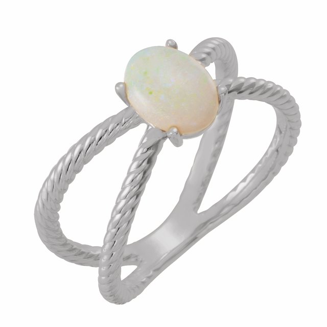 Platinum 8x6 mm  Natural White Opal Criss-Cross Ring