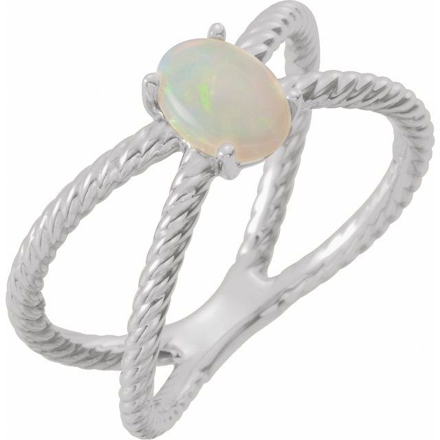 Platinum 7x5 mm  Natural White Opal Criss-Cross Ring